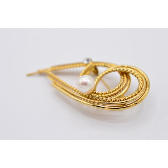 Vintage Pin Brooch Gold Rhinestone White Pearl Abstract 1980s 9B - Picture 5 of 12